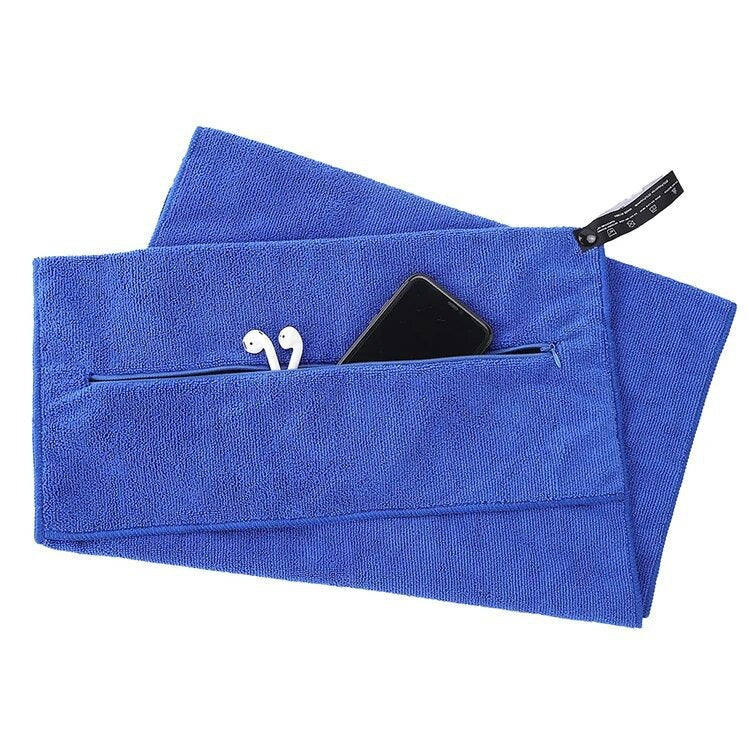 Toalla de gimnasio azul marino con bolsillo de cremallera