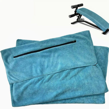 Toalla de gimnasio azul pavo real con bolsillo de cremallera