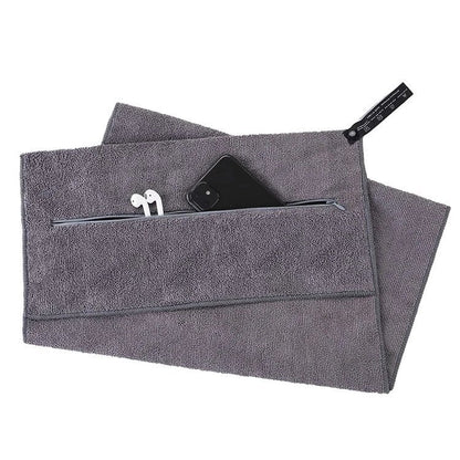 Toalla de gimnasio gris oscuro con bolsillo de cremallera